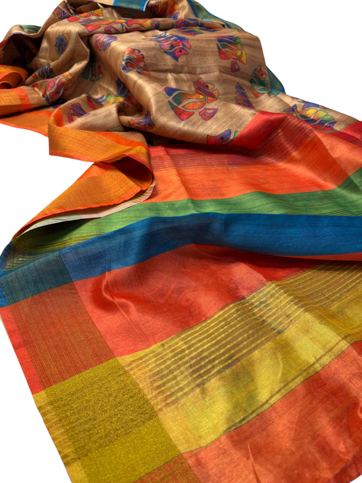 Lightweight Tussar Silk Saree with Vibrant Multi-Color Motifs
