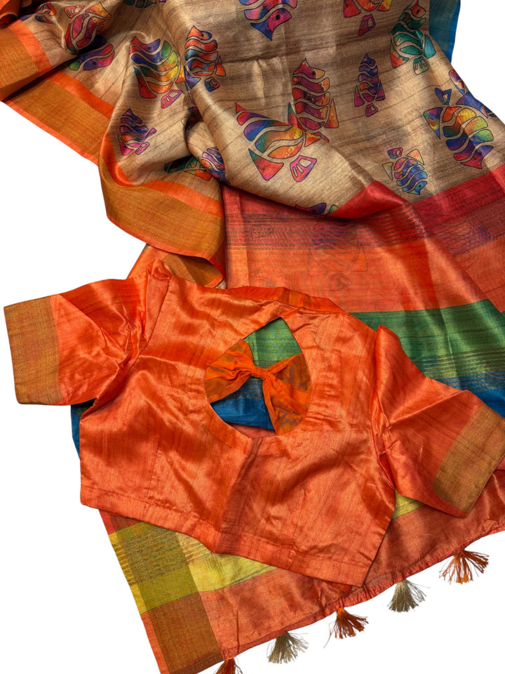 Lightweight Tussar Silk Saree with Vibrant Multi-Color Motifs