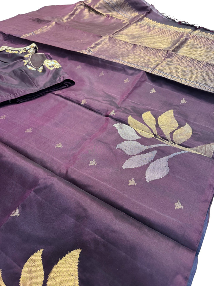 Elegant Kanchi Silk Saree – Plum Purple with Zari Weaving & Embroidered Blouse