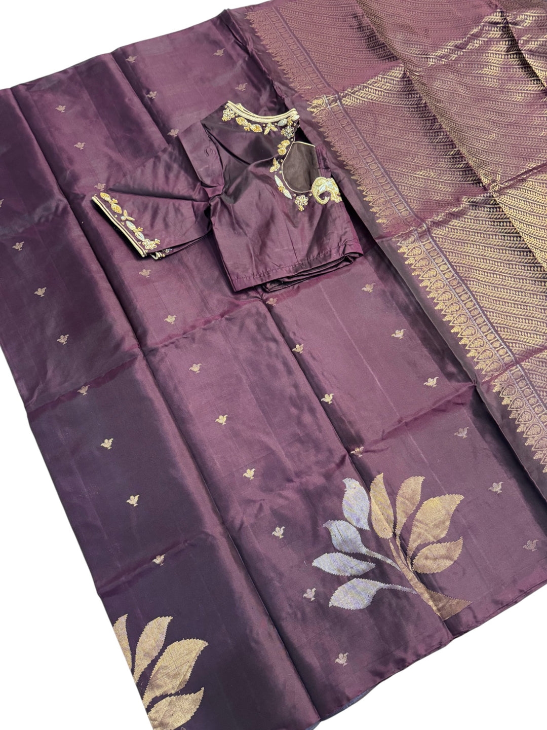 Elegant Kanchi Silk Saree – Plum Purple with Zari Weaving & Embroidered Blouse