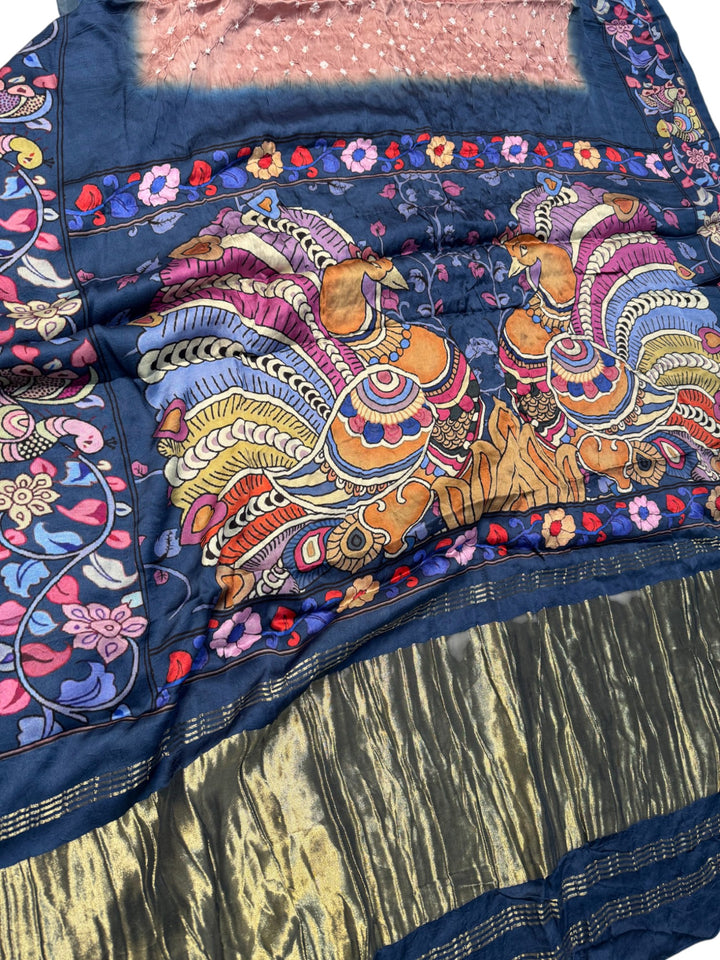 Traditional Bandini Saree in Peach & Blue – Ready Blouse Included