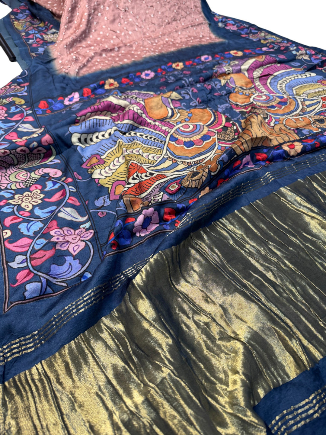 Traditional Bandini Saree in Peach & Blue – Ready Blouse Included