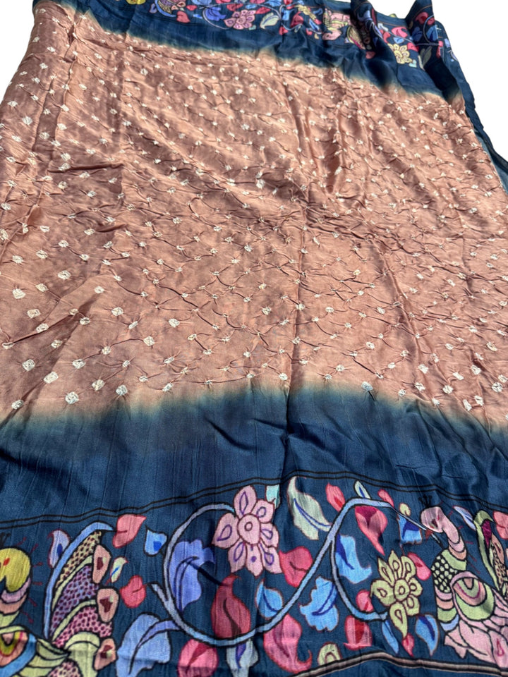 Traditional Bandini Saree in Peach & Blue – Ready Blouse Included