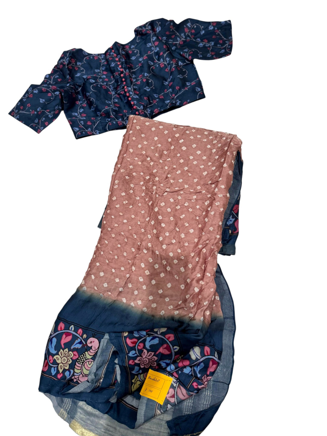 Traditional Bandini Saree in Peach & Blue – Ready Blouse Included