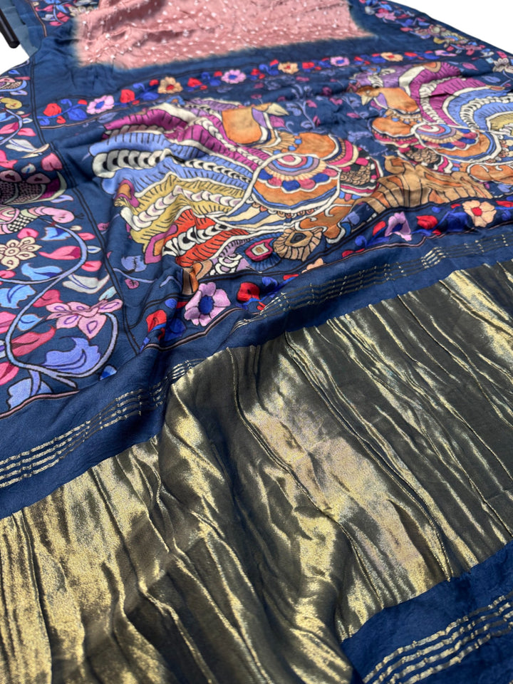 Traditional Bandini Saree in Peach & Blue – Ready Blouse Included