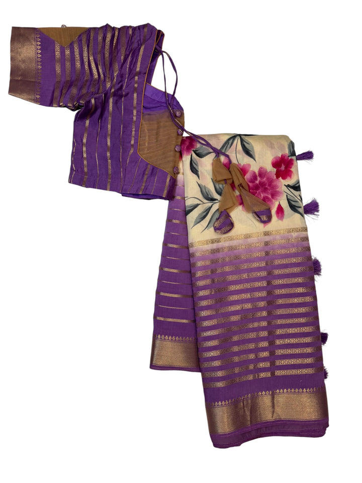 Elegant Purple Georgette Saree with Floral Hand-Painted Design