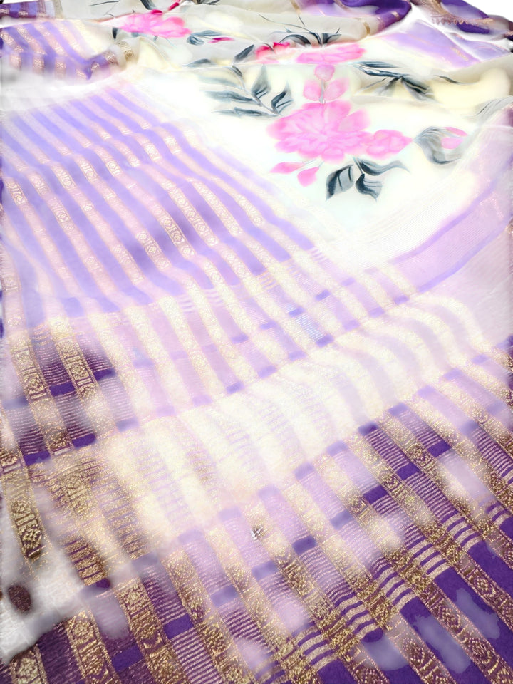 Elegant Purple Georgette Saree with Floral Hand-Painted Design
