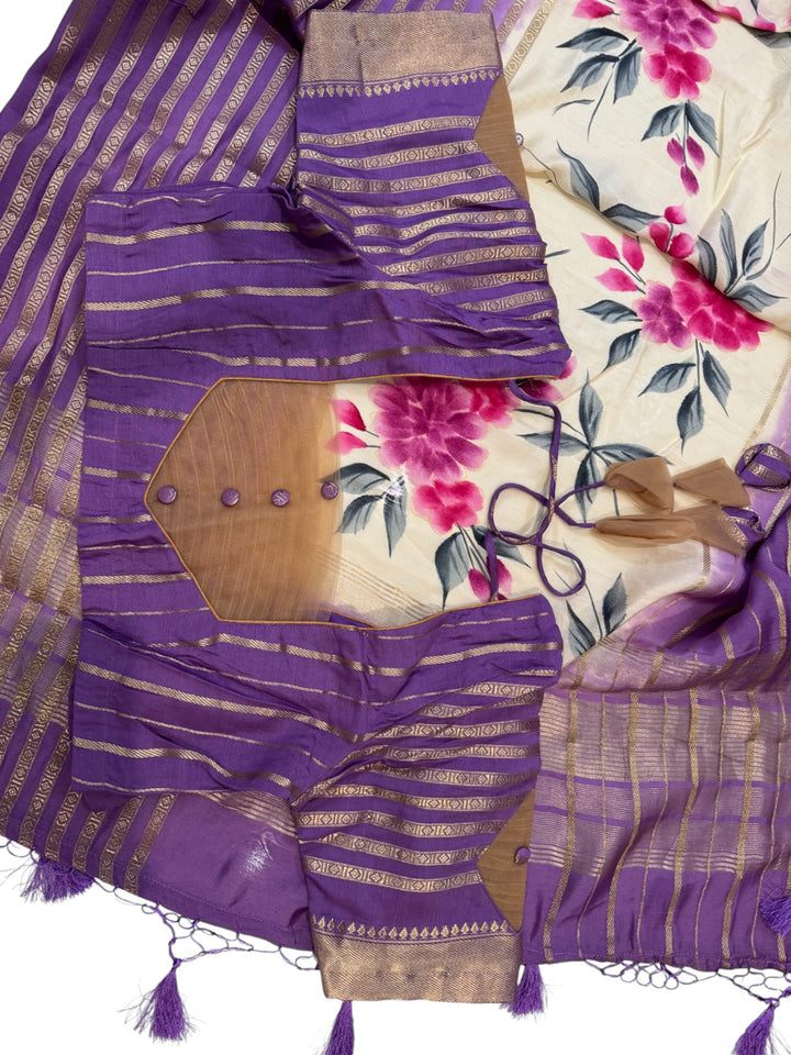 Elegant Purple Georgette Saree with Floral Hand-Painted Design