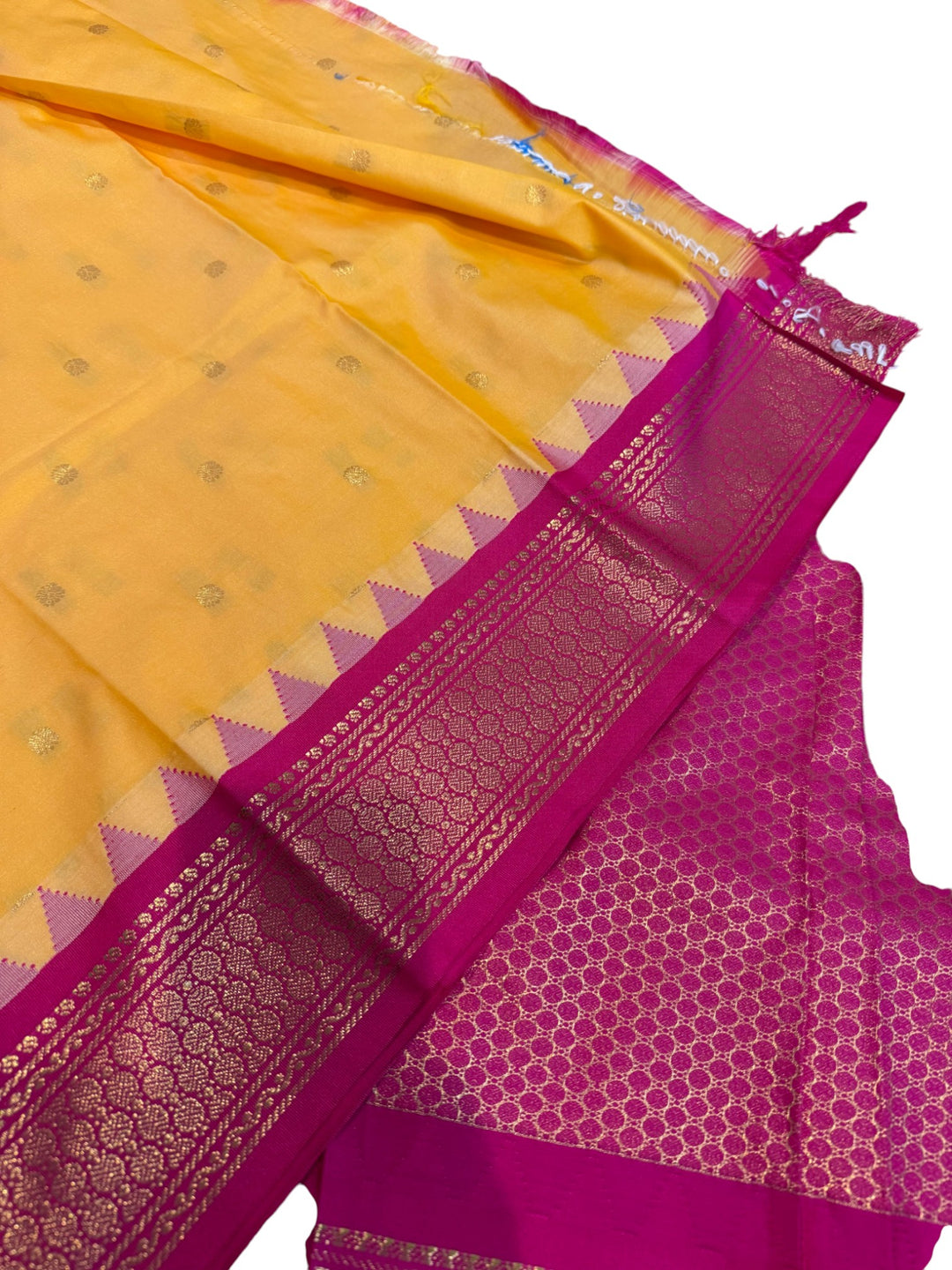 Elegant Semi Gadwal Silk Saree – Yellow Body & Magenta Border