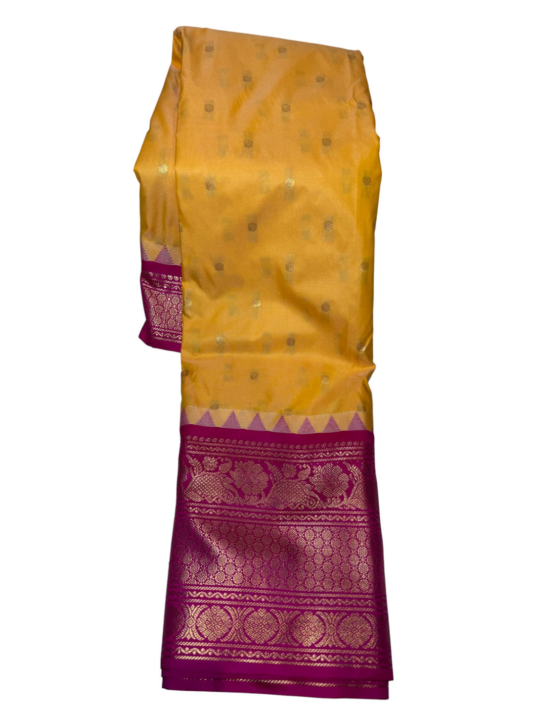 Elegant Semi Gadwal Silk Saree – Yellow Body & Magenta Border