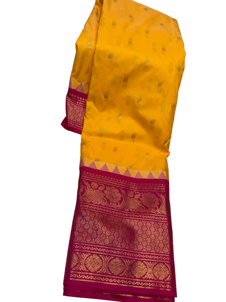 Elegant Semi Gadwal Silk Saree – Yellow Body & Magenta Border
