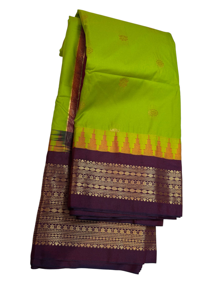 Elegant Semi Gadwal Saree – Lime Green Body & Contrast Maroon Pallu