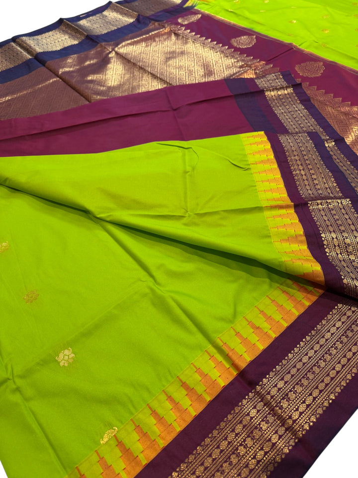 Elegant Semi Gadwal Saree – Lime Green Body & Contrast Maroon Pallu