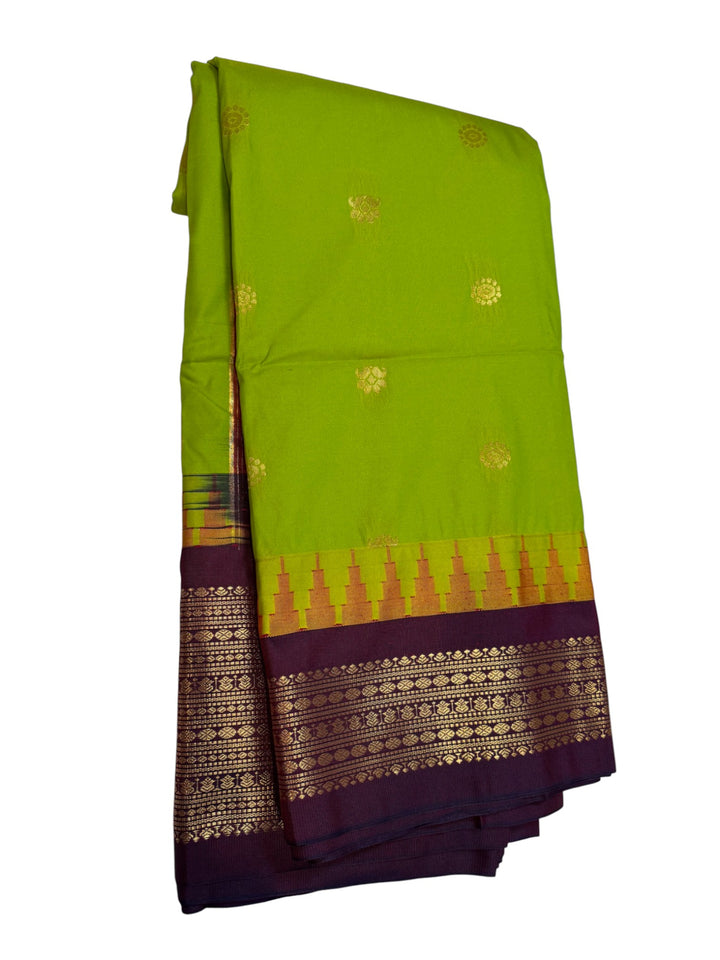 Elegant Semi Gadwal Saree – Lime Green Body & Contrast Maroon Pallu