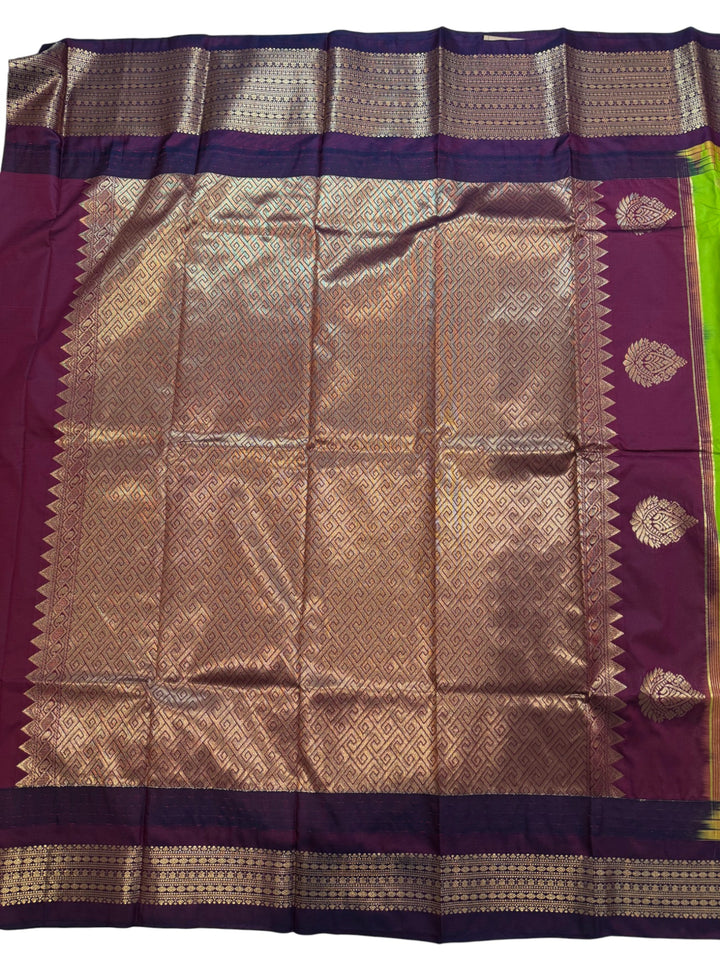 Elegant Semi Gadwal Saree – Lime Green Body & Contrast Maroon Pallu