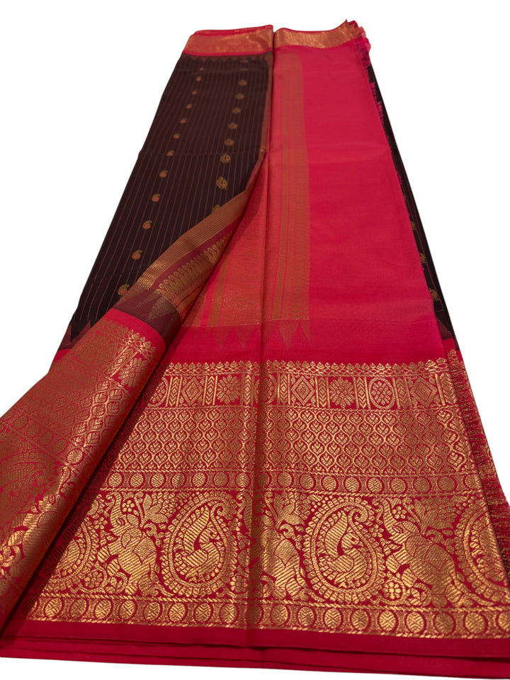 Elegant Semi Gadwal Saree – Black Body with Contrasting Maroon Pallu