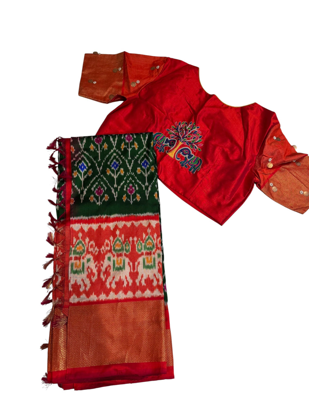 Elegant Ikkat Silk Saree with Contrast Red Stitched Blouse