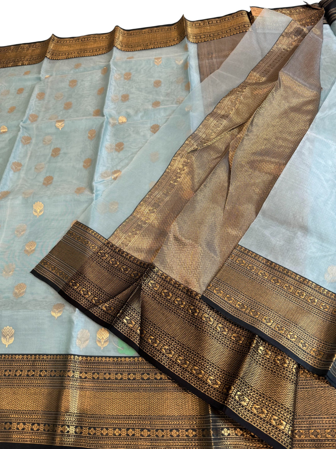 Elegant Chanderi Tissue Saree in Sky Blue with Rich Black–Gold Border