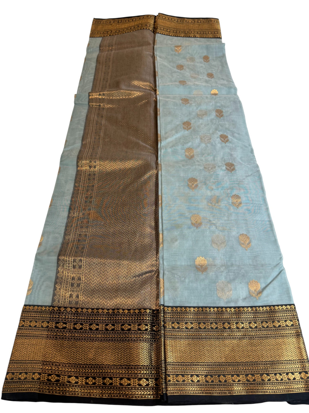 Elegant Chanderi Tissue Saree in Sky Blue with Rich Black–Gold Border
