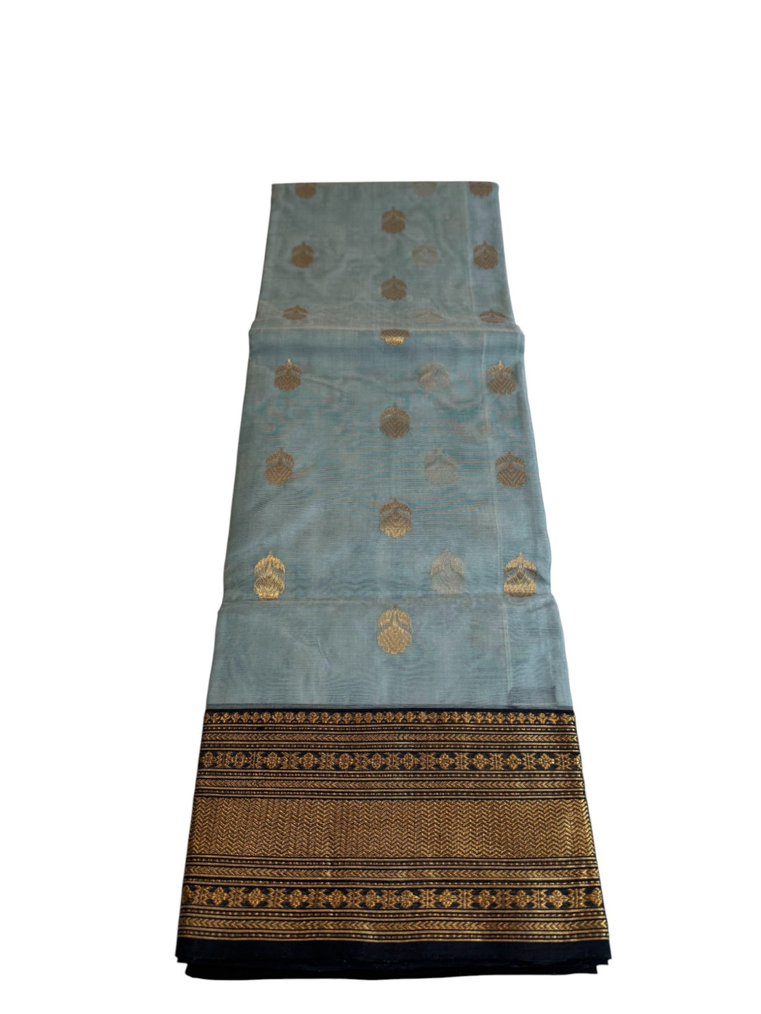 Elegant Chanderi Tissue Saree in Sky Blue with Rich Black–Gold Border