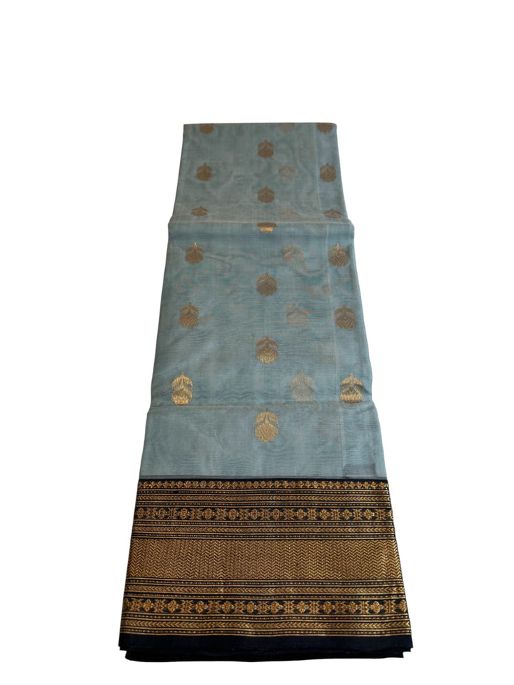 Elegant Chanderi Tissue Saree in Sky Blue with Rich Black–Gold Border