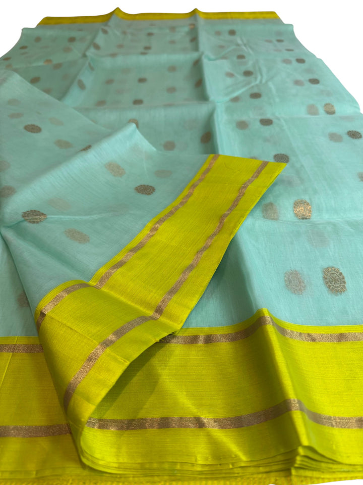 Pastel Green Chanderi Saree with Contrast Yellow Border