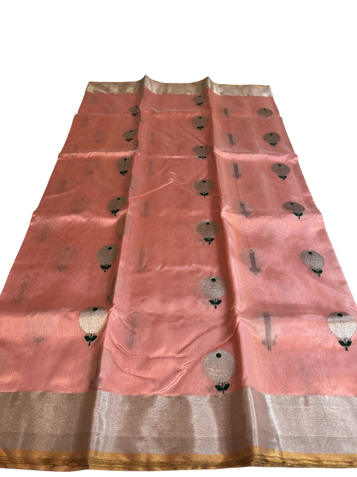 Elegant Chanderi Silk Saree – Peach with Antique Silver & Gold Border