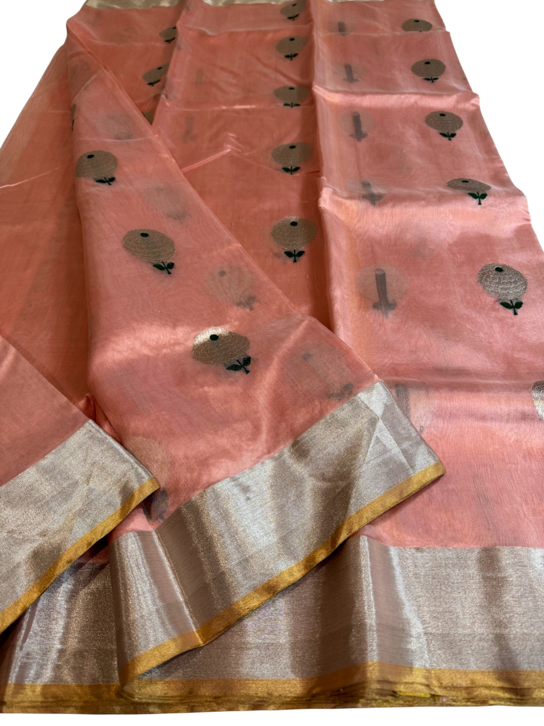 Elegant Chanderi Silk Saree – Peach with Antique Silver & Gold Border