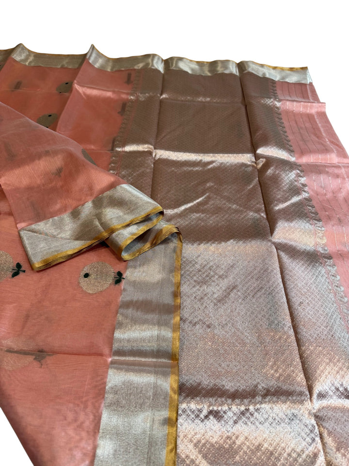 Elegant Chanderi Silk Saree – Peach with Antique Silver & Gold Border