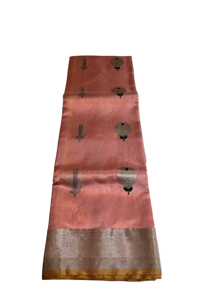 Elegant Chanderi Silk Saree – Peach with Antique Silver & Gold Border