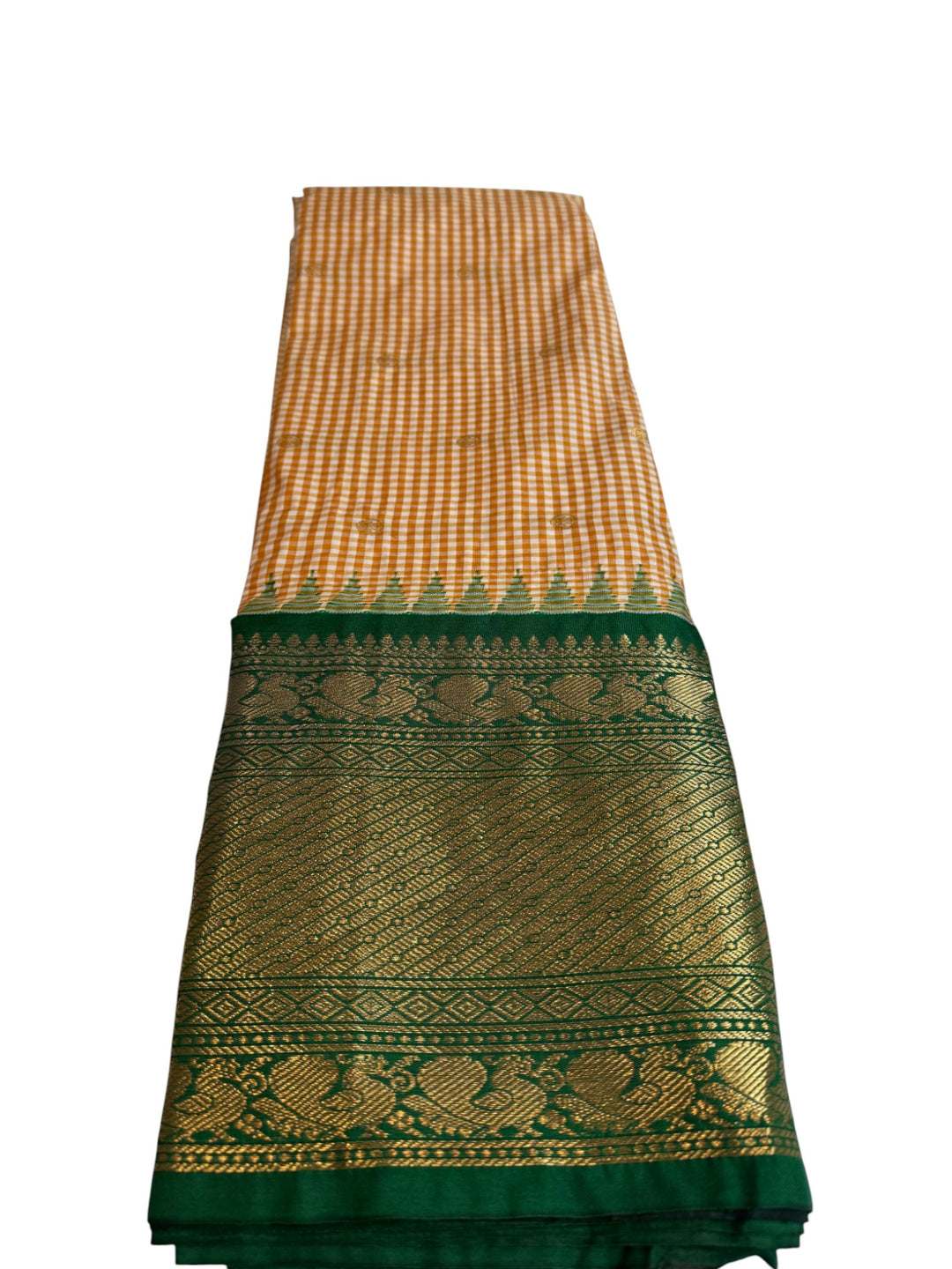 Mustard Checked Semi Gadwal Saree with Rich Green Blouse