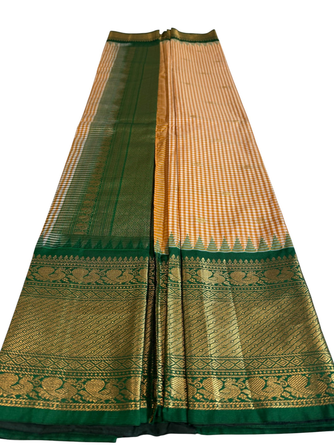Mustard Checked Semi Gadwal Saree with Rich Green Blouse