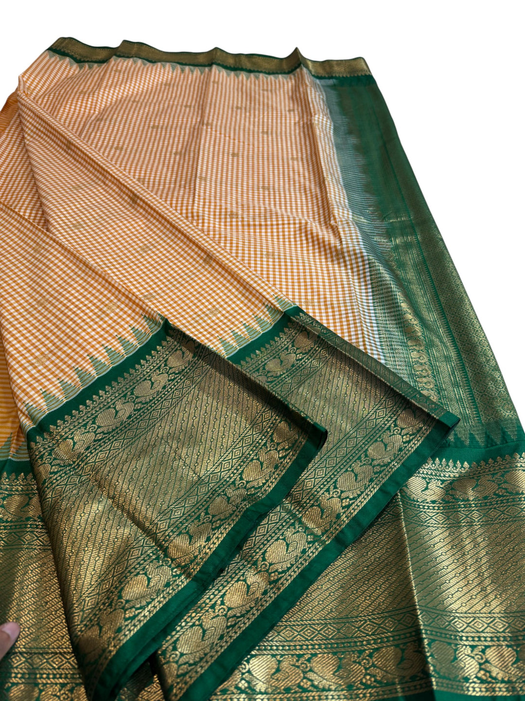 Mustard Checked Semi Gadwal Saree with Rich Green Blouse