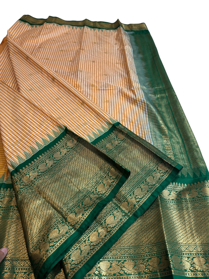 Mustard Checked Semi Gadwal Saree with Rich Green Blouse