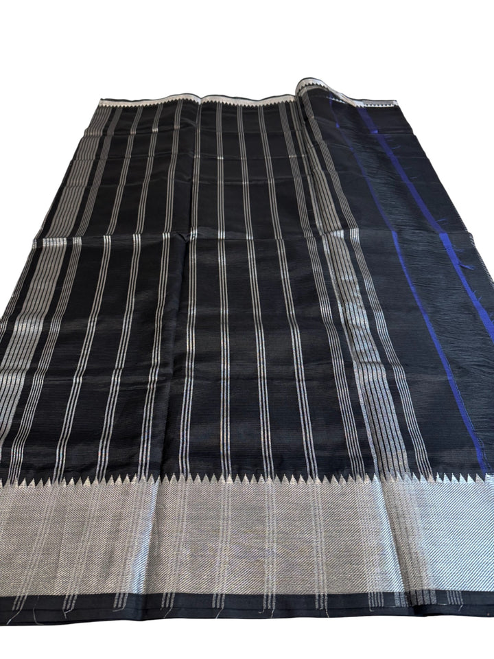 Elegant Black Mangalagiri Silk Cotton Saree with Silver Zari Border