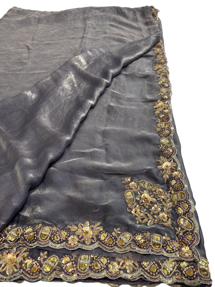Elegant Grey Space Silk Saree with Heavy Embroidered Blouse