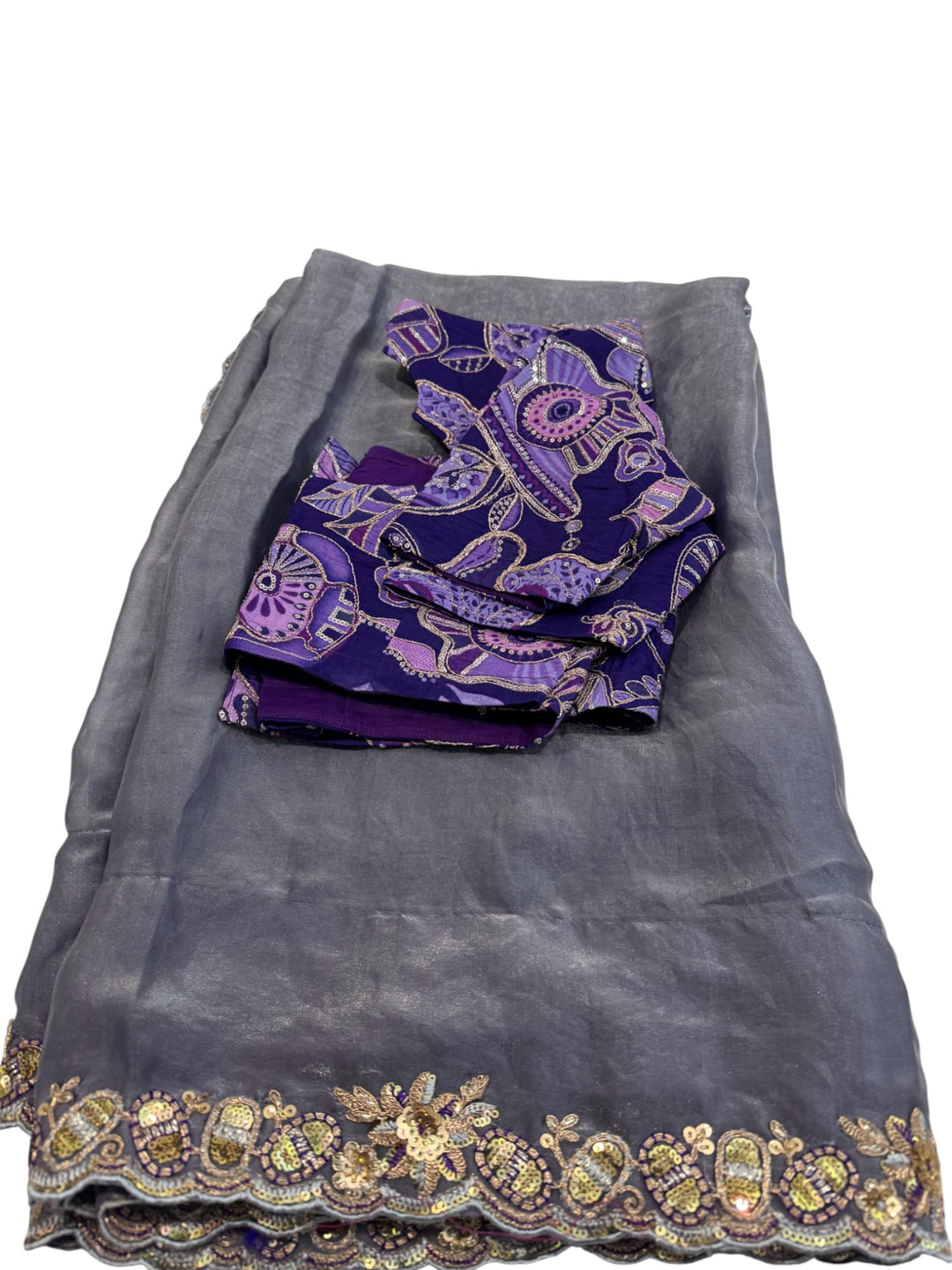 Elegant Grey Space Silk Saree with Heavy Embroidered Blouse