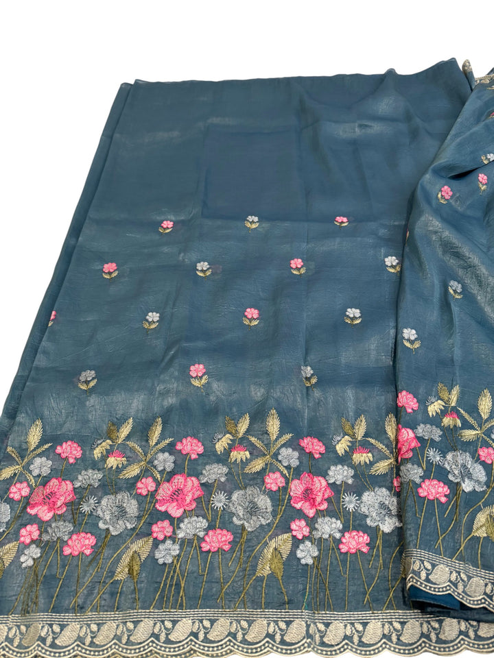 Fancy Soft Tassar Saree with Elegant Floral Embroidery