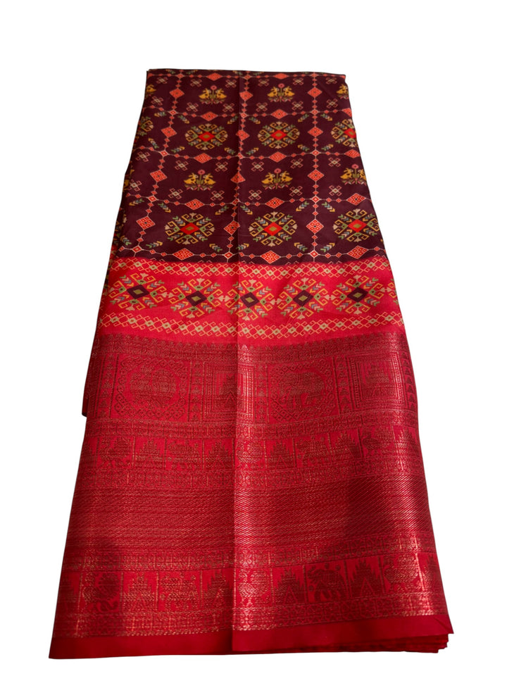 Designer English Crepe Saree in Red & Maroon Patterned Detailing