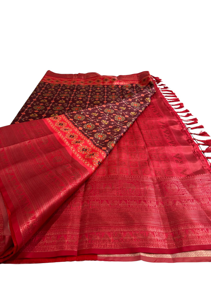 Designer English Crepe Saree in Red & Maroon Patterned Detailing