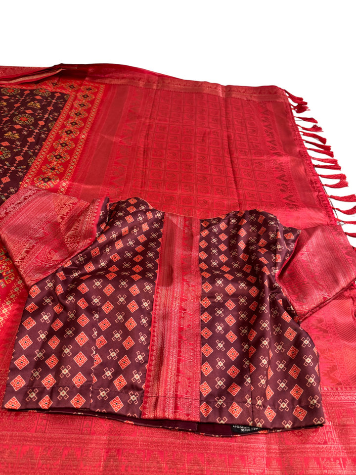 Designer English Crepe Saree in Red & Maroon Patterned Detailing