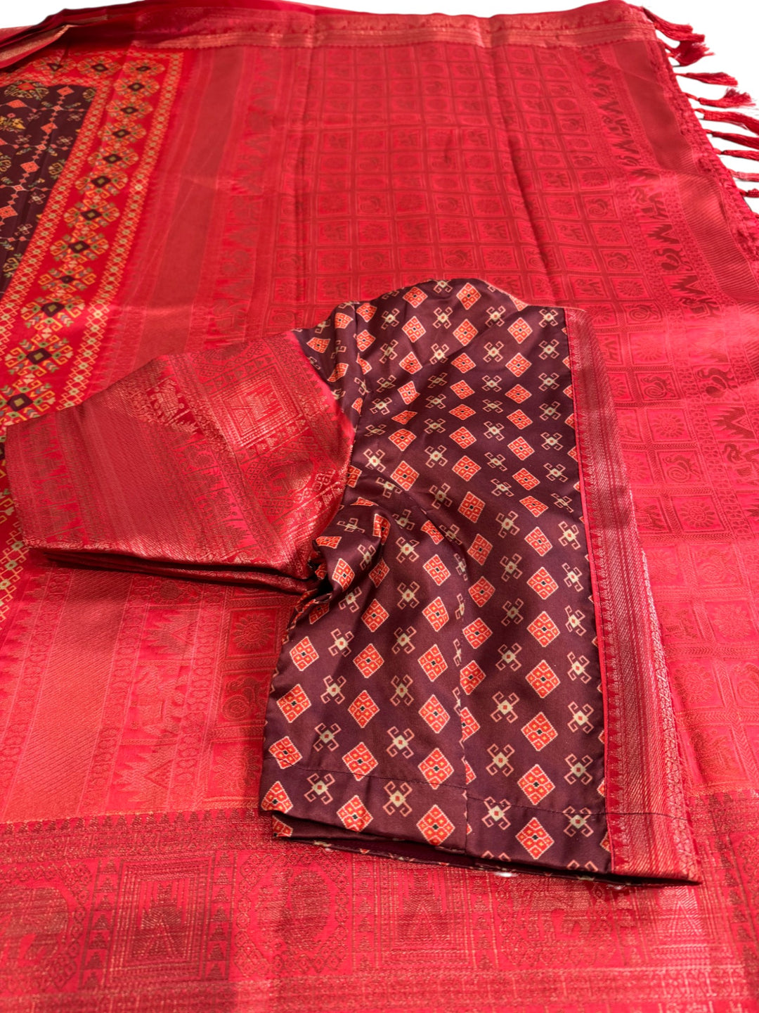 Designer English Crepe Saree in Red & Maroon Patterned Detailing