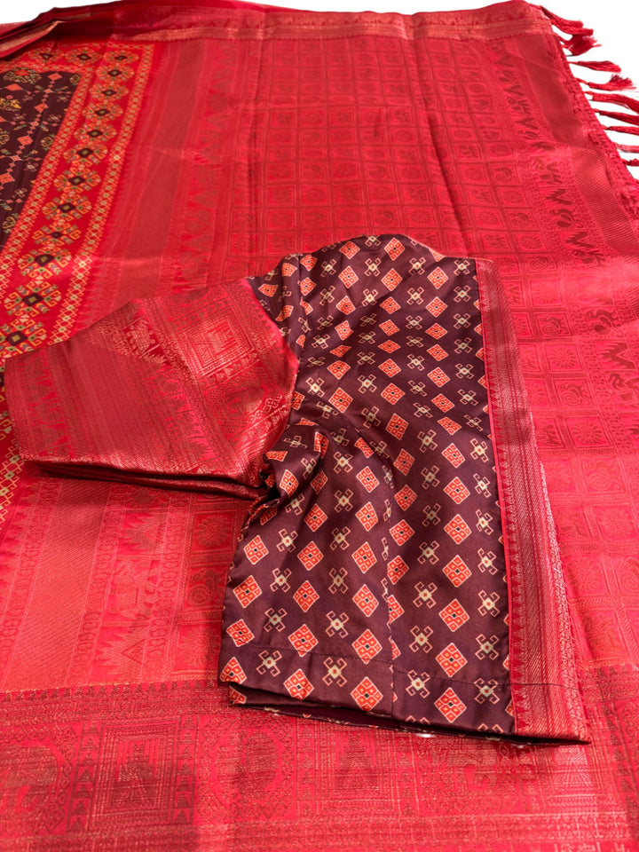 Designer English Crepe Saree in Red & Maroon Patterned Detailing