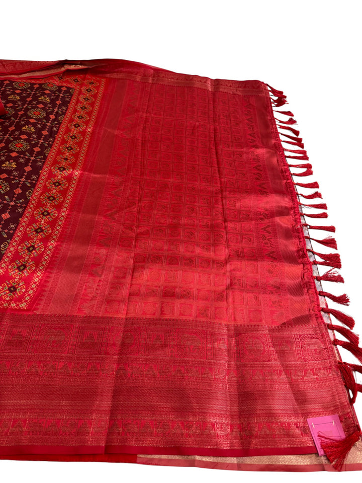 Designer English Crepe Saree in Red & Maroon Patterned Detailing