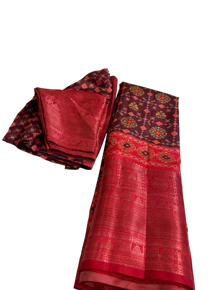 Designer English Crepe Saree in Red & Maroon Patterned Detailing