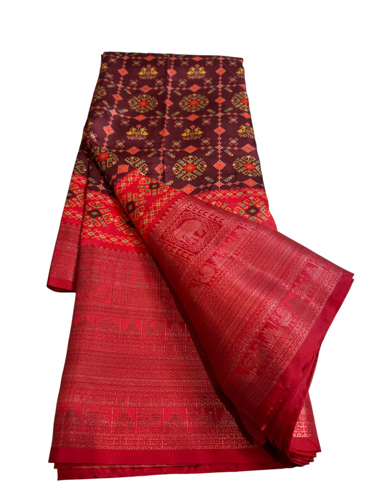 Designer English Crepe Saree in Red & Maroon Patterned Detailing