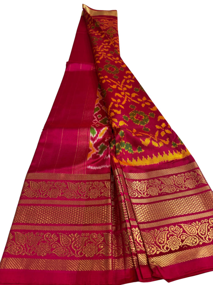 Premium Ikat Silk Saree in Vibrant Orange & Pink Floral Weave