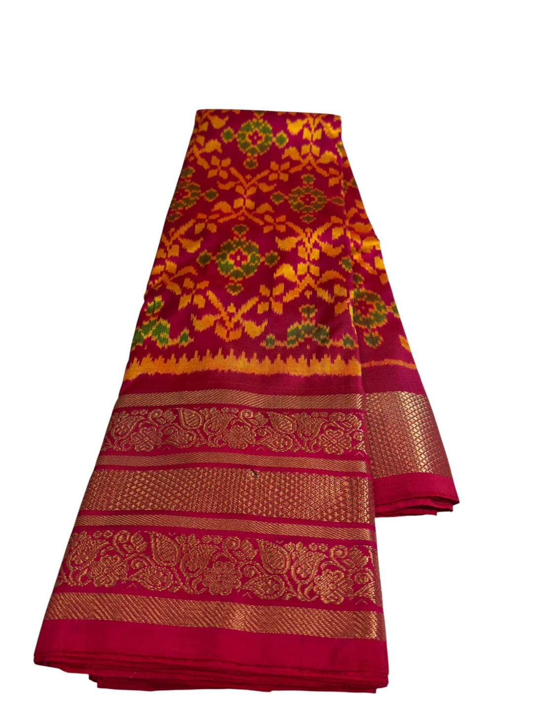Premium Ikat Silk Saree in Vibrant Orange & Pink Floral Weave